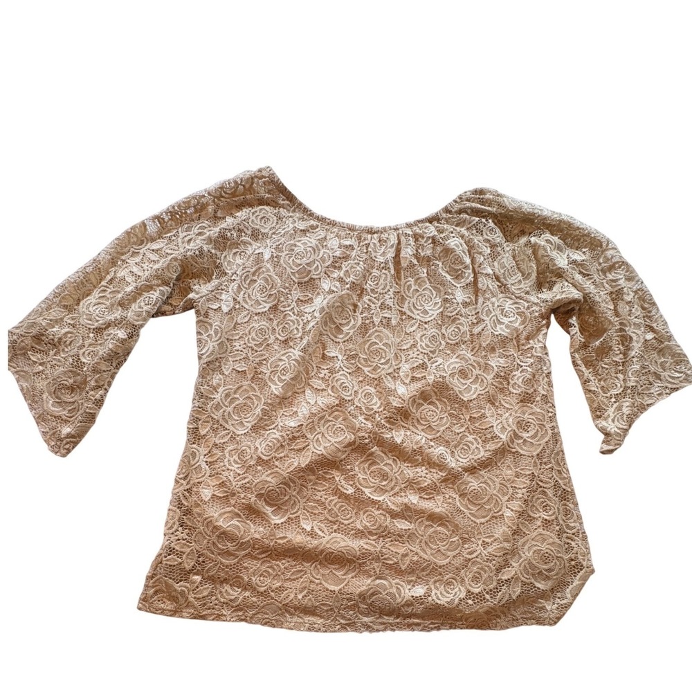 Brittany Black Lace Blouse Womens L Tan Rose Floral 3/4 Sleeve Dressy Boho Top - Picture 2 of 7